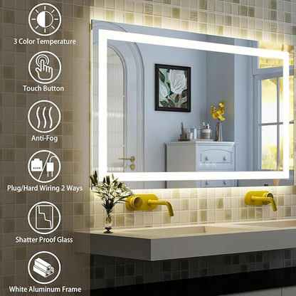 36"x 48"LED Bathroom Mirror, Backlit + Front Lit, LED Bathroom Mirror with Lights for Wall, 3 Colors, Anti-Fog, Dimmable Brightness, Memory Function, Tempered Glass