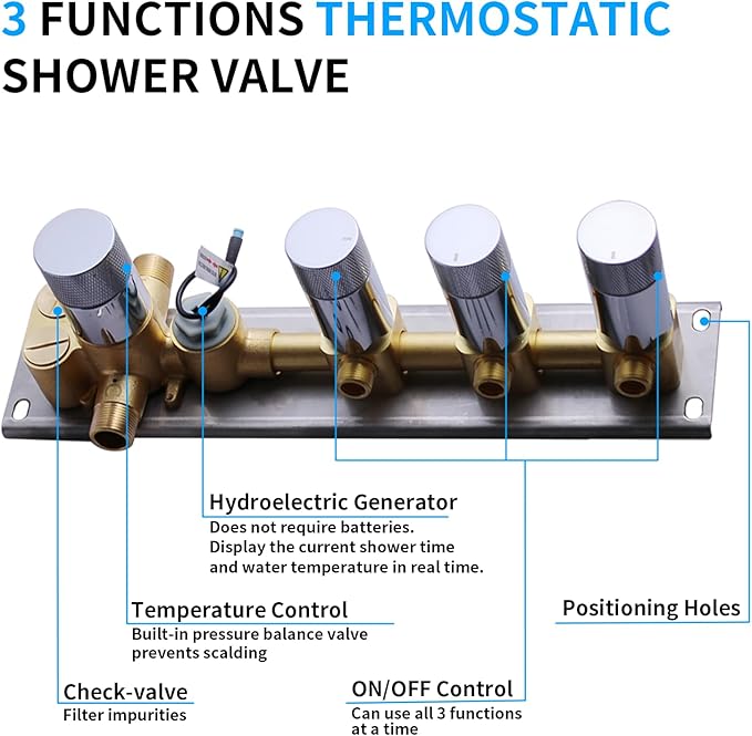 Brass Temperature Shower Diverter Valve Chrome 3 Way Outlets Concealed Digital Display Shower Mixer Valve Kit Bathroom Shower Diverter On Off Flow Control Replacement Valve
