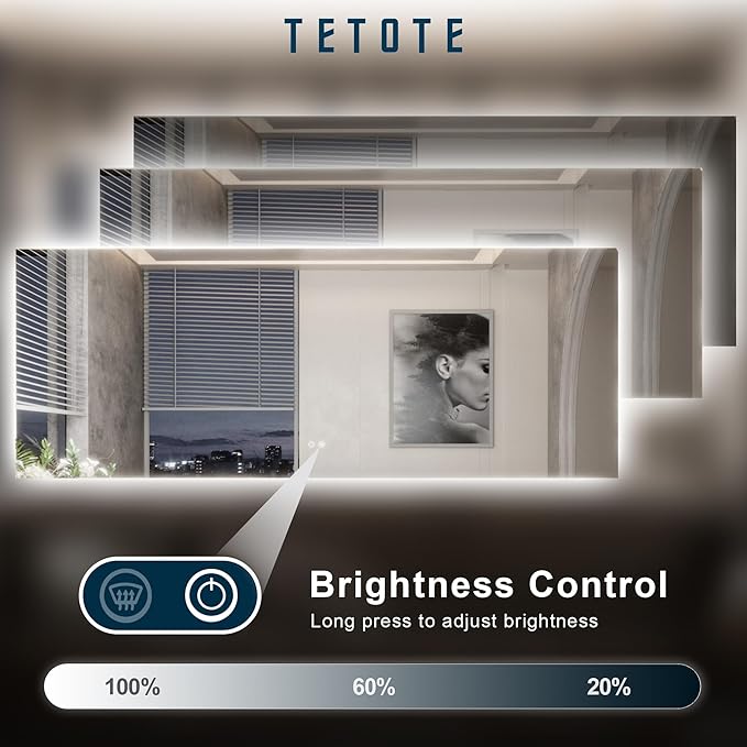 TETOTE 42 x 36 Inch LED Mirror Backlit Bathroom,Anti-Fog Mirror with Light,Dimmable,CRI90+,IP54 Water Proof,Wall Mounted Vanity Lighted,Horizontal/Vertical