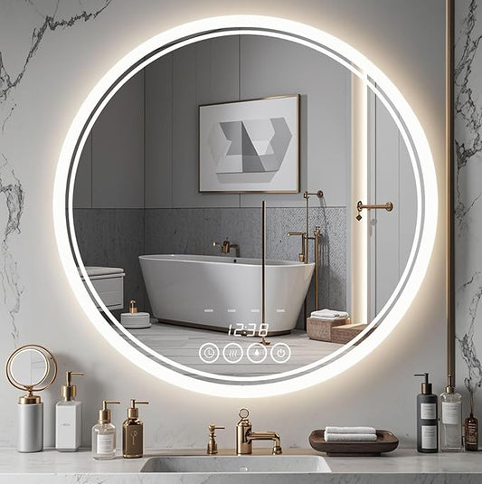 24 Inch Wall-Mounted Round Bathroom Mirror with LED-Lights - Vanity Mirrors (24" x 24",Frameless)