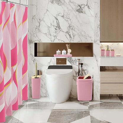 Pink Bathroom Set, Bathroom Sets with Stripe Shower Curtain, Pink and Gold Bathroom Accessories with Trash Can, Soap Dispenser, Soap Dish, Toilet Brush Holder, Qtip Holders for Bathroom