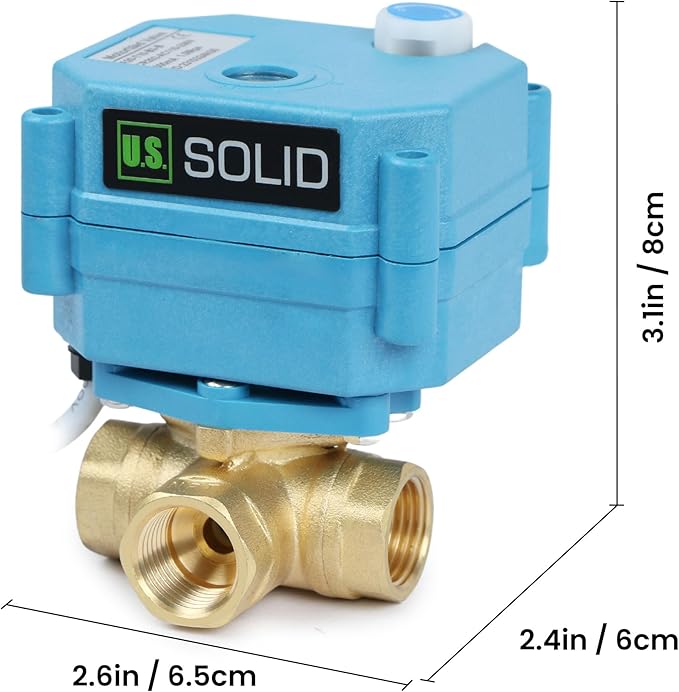 U.S. Solid 3/8" 3 Way Brass Motorized Ball Valve 110-230VAC, L Type Water Shutoff Valve with Manual Function, Standard Port, NOT for Drinking Water