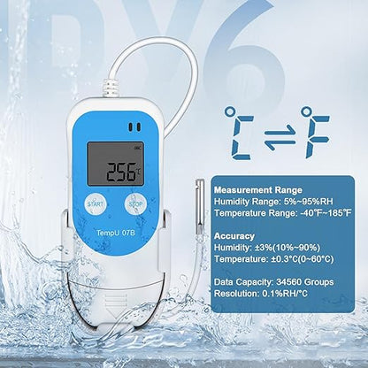 Tzone Temperature Humidity Data Logger with Probe,Digital Humidity Logger USB Temp Recorder 34560 Groups,Industrial Data Logger Thermometer with Auto PDF&CSV Report for Freezer Refrigerator RH Monitor