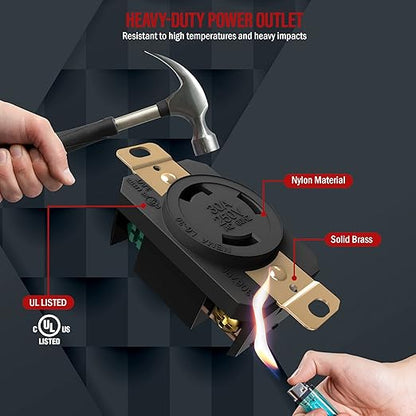 ENERLITES NEMA L6-30R Flush Mounting Locking Receptacle for Generator, Twist Lock Outlet, 30 Amp, 250 Volt, 2 Pole, 3 Wire Grounding, Industrial Grade Heavy Duty, UL Listed, 66460-BK, Black, 2 Pack