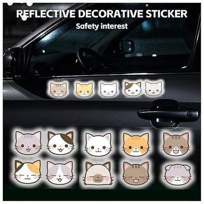 Reflective Stickers 50 Pcs, Outdoor Waterproof High Visibility Warning Safety Adhesive Reflector (1.5" X 1.8", Cat face)