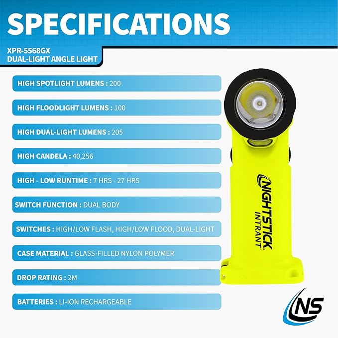 Nightstick XPR-5568GX Intrant Rechargeable Intrinsically Safe Permissible Dual-Light Angle Light (Green)