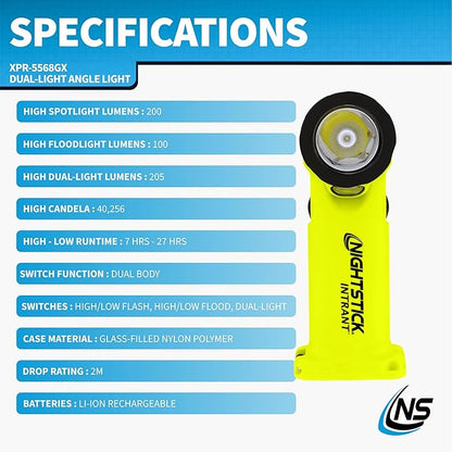 Nightstick XPR-5568GX Intrant Rechargeable Intrinsically Safe Permissible Dual-Light Angle Light (Green)