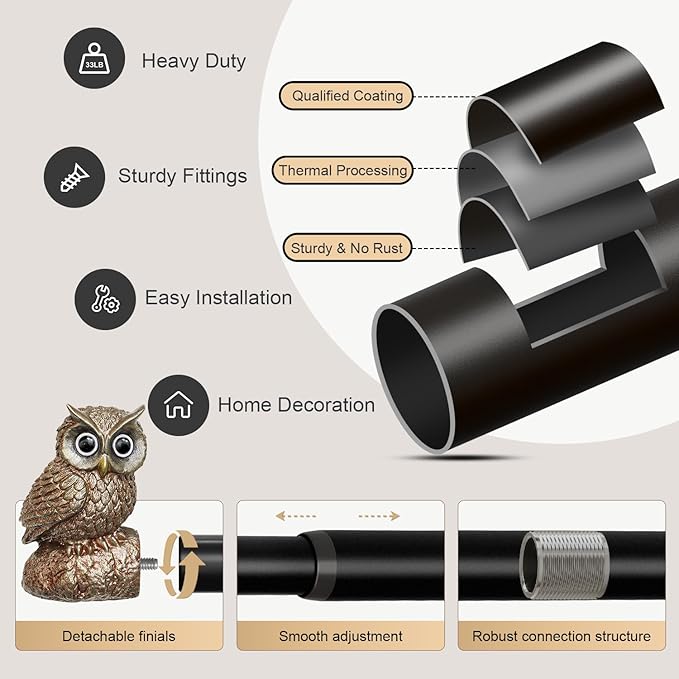 2 Pack Vintage Decorative Black Curtain Rods for Windows 28 to 48 Inch Adjustable Heavy Duty 1'' Diameter Curtain Rod with Owl Finials for Bedroom Living Room Kitchen Farmhouse (18-60'')