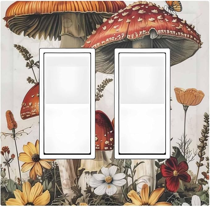 Decorative Outlet Covers Mushroom Forest Butterfly Wild Flower 2 Gang Double Gfci Rocker Electrical Wall Panels Light Switch Cover Plate For Bed Room Living Room Decor
