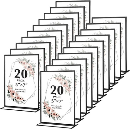 20 Pack 5x7 Acrylic Sign Holders, Double Sided Vertical Stand Clear Picture Frames, Wedding Table Numbers Frames for Party, Restaurant Signs and Office Photos, Black
