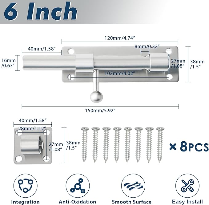 Alise 6 inch Barrel Bolt Latch,Slide Bolt Latch, Heavy Duty Solid SUS304 Stainless Steel Slide Lock for Wooden Fence,Barn Door,Interior or Outdoor Door Brushed Nickel MS8000-LS