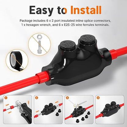Joinfworld 2 Port Inline Splice Connector 2-14 AWG Aluminum to Copper Wire Connectors Insulated Wire Connectors UL Listed Wire Cable Connectors with 5/32" Slotted Allen Hex - 6 Pack