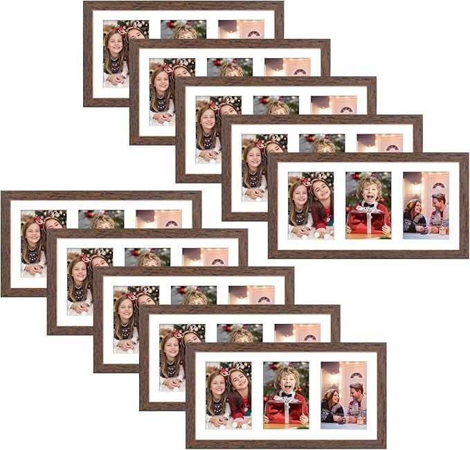 Golden State Art, Set of 10, 9x18 Distressed Brown Wood Frame - White Mat for Three 5x7 Pictures - Sawtooth Hangers- Swivel Tabs - Wall Mounting - Landscape/Portrait - Real Glass - Collage Frame
