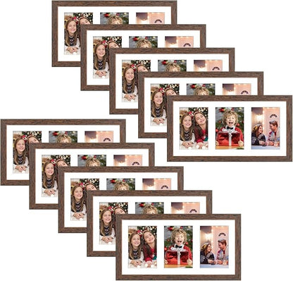 Golden State Art, Set of 10, 9x18 Distressed Brown Wood Frame - White Mat for Three 5x7 Pictures - Sawtooth Hangers- Swivel Tabs - Wall Mounting - Landscape/Portrait - Real Glass - Collage Frame