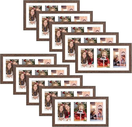 Golden State Art, Set of 10, 9x18 Distressed Brown Wood Frame - White Mat for Three 5x7 Pictures - Sawtooth Hangers- Swivel Tabs - Wall Mounting - Landscape/Portrait - Real Glass - Collage Frame