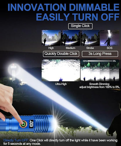 Rechargeable Flashlight High Lumens- Super Bright Magnetic Flash Light with Power Digital Display, Long Range,Dimmable,Waterproof,Pocket Tactical LED Flashlights for Emergency, Blue, 1PC