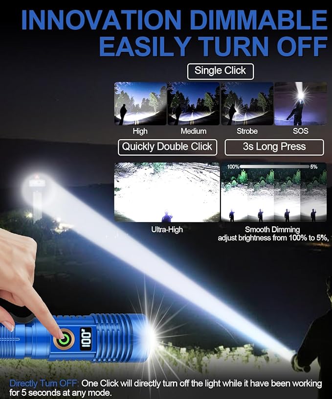 Rechargeable Flashlight High Lumens- Super Bright Magnetic Flash Light with Power Digital Display,Long Range,Dimmable,Waterproof,Pocket LED Flashlights for Emergency Camping 2PC Blue