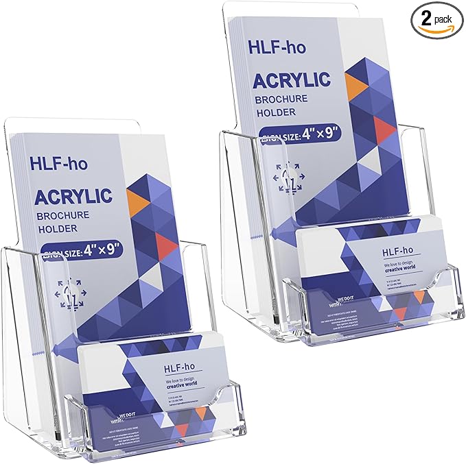 Brochure Holder 4x9 Inch Acrylic Literature Holders Clear Flyer Display Stand with Business Card Slot Pamphlet Holder Multi Purpose Organizer for Office, Lobby, Hotels, Trade Shows, 2 Pack