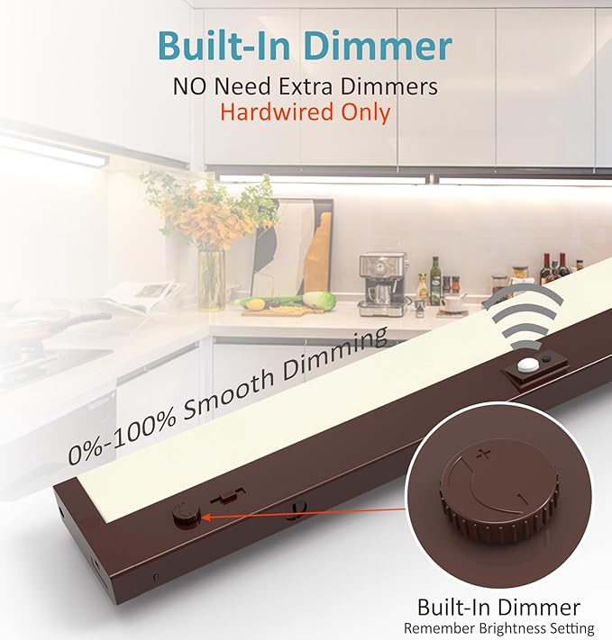 LED Under Cabinet Lighting Motion Sensored Hardwired with Built-in Dimmer, 32 Inch 16W Dimmable 5 Color 2700/3000/3500/4000/5000K, Linkable Eyes Care for Kitchen, Counter, ETL Listed, Bronze