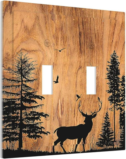 Decorative Switch Plates Rustic Farmhouse Orange Brown Pine Tree Deer Wood Grain 2 Gang Double Toggle Outlet Light Switch Cover Wall Plate Electrical Faceplate for living Room Cabin Decor