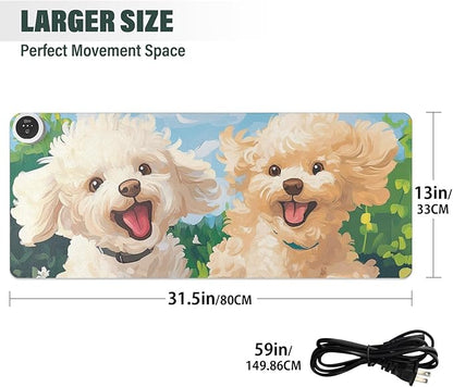Heated Desk Pad Mouse Pad 31.5x13 Inch PU Leather Desk Mat with 3 Heat Levels Large Mouse Gaming Computer Laptop Mat Spring Running Poodle Dogs