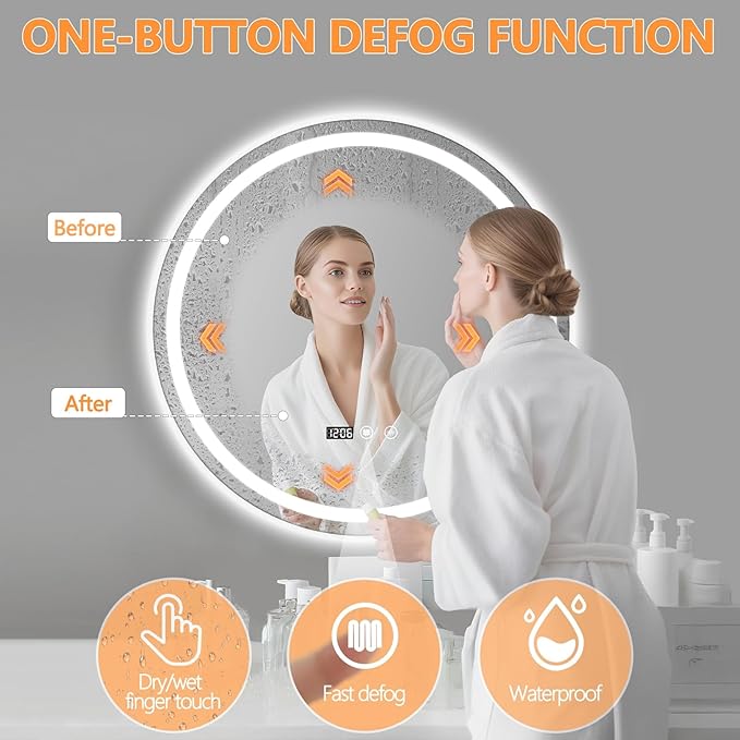 24" Round LED Bathroom Mirror with Anti-Fog & Touch Switch - 60x60cm Wall-Mounted Makeup Vanity Mirror, No Drilling Required, Smart Display Bathroom Mirror