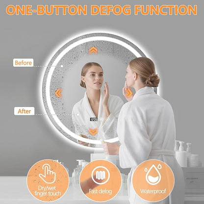 24" Round LED Bathroom Mirror with Anti-Fog & Touch Switch - 60x60cm Wall-Mounted Makeup Vanity Mirror, No Drilling Required, Smart Display Bathroom Mirror
