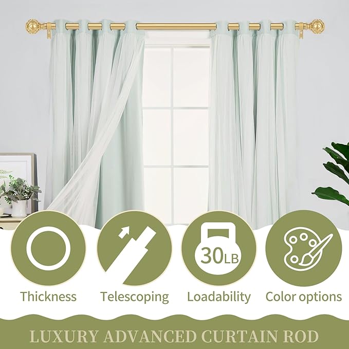 Gold Adjustable Curtain Rods for Windows:36-88 Inch Farmhouse Heavy Duty Curtain Rod for Bedroom Living Room,Boho Decorative Rustic Drapery Rods with Vintage Coastal Texture Finial,Brass Gold