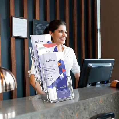 Brochure Holder 4x9 Inch 3 Tier Acrylic Literature Holders Clear Plastic Flyer Display Stand Countertop Use or Wall Mount Pamphlet Holder Organizer for Office, Lobby, Hotel, Trade Show, 2 Pack
