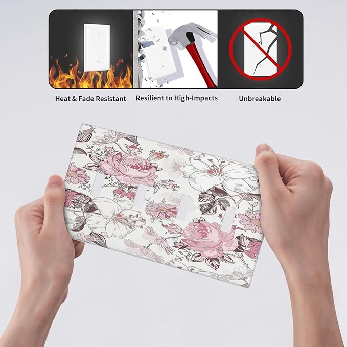 Light Switch Covers Modern Watercolor Flower Pink White Wildflower Quad Toggle 4 Gang Wall Plate Electrical Faceplate Decorative Switch Plates for Bedroom Home Decor