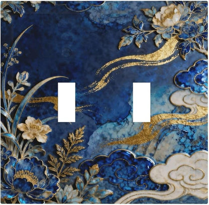 Decorative Light Switch Cover Plate Blue White Flower Gold Line Cloud 2 Gang Outlet Covers Double Toggle Wall Plates for Electrical Outlets Switch Plate Covers Faceplate for Home Decor