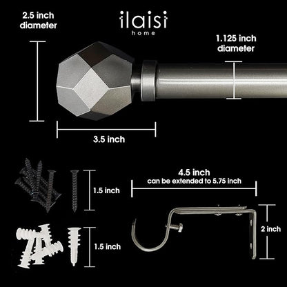 1-1/8 Inch Diameter Burnished Silver Curtain Rod with Geometric Faceted Finials, 36-72'' Telescoping Single Curtain Rods for window width 24-68 inch, 1 pack