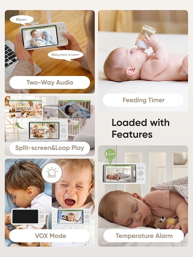 bonoch 1440p Baby Monitor with Camera and Audio, 5.5" Smart No WiFi Video Baby Camera, Crying/Motion/Turnover Detect, 240h Long-Lasting, Hack Proof, Night Vision, VOX Mode, White Noise, Shower Gifts
