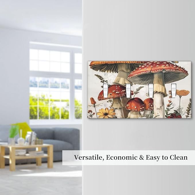 Light Switch Covers Mushroom Forest Butterfly Wild Flower Quad Toggle Electrical Faceplate 4 Gang Wall Plate Decorative Switch Plates For Bed Room Living Room Decor