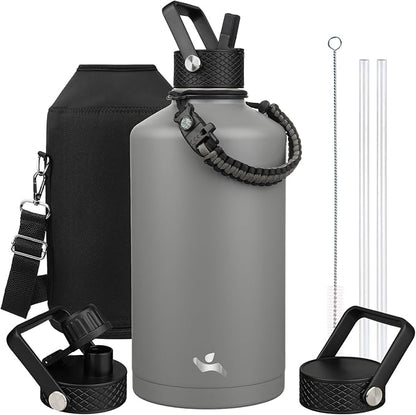 Gallon Insulated Water Bottle with Straw,128 oz 3 Lids Water Jug with Carrying Bag,Paracord Handle, Double Wall Vacuum Stainless Steel Metal Flask,Gray