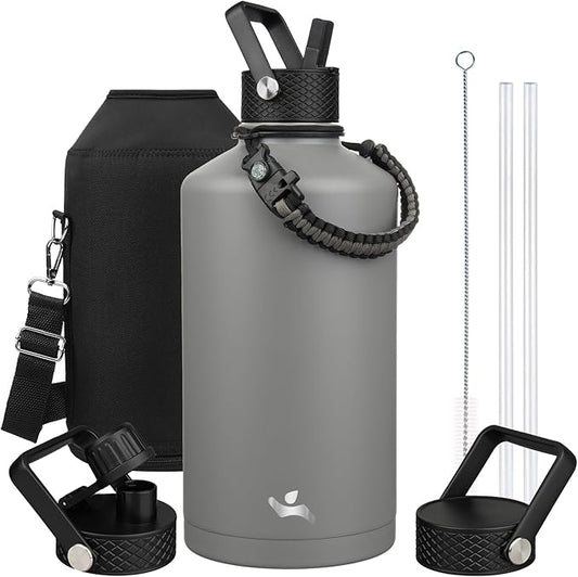 Gallon Insulated Water Bottle with Straw,128 oz 3 Lids Water Jug with Carrying Bag,Paracord Handle, Double Wall Vacuum Stainless Steel Metal Flask,Gray