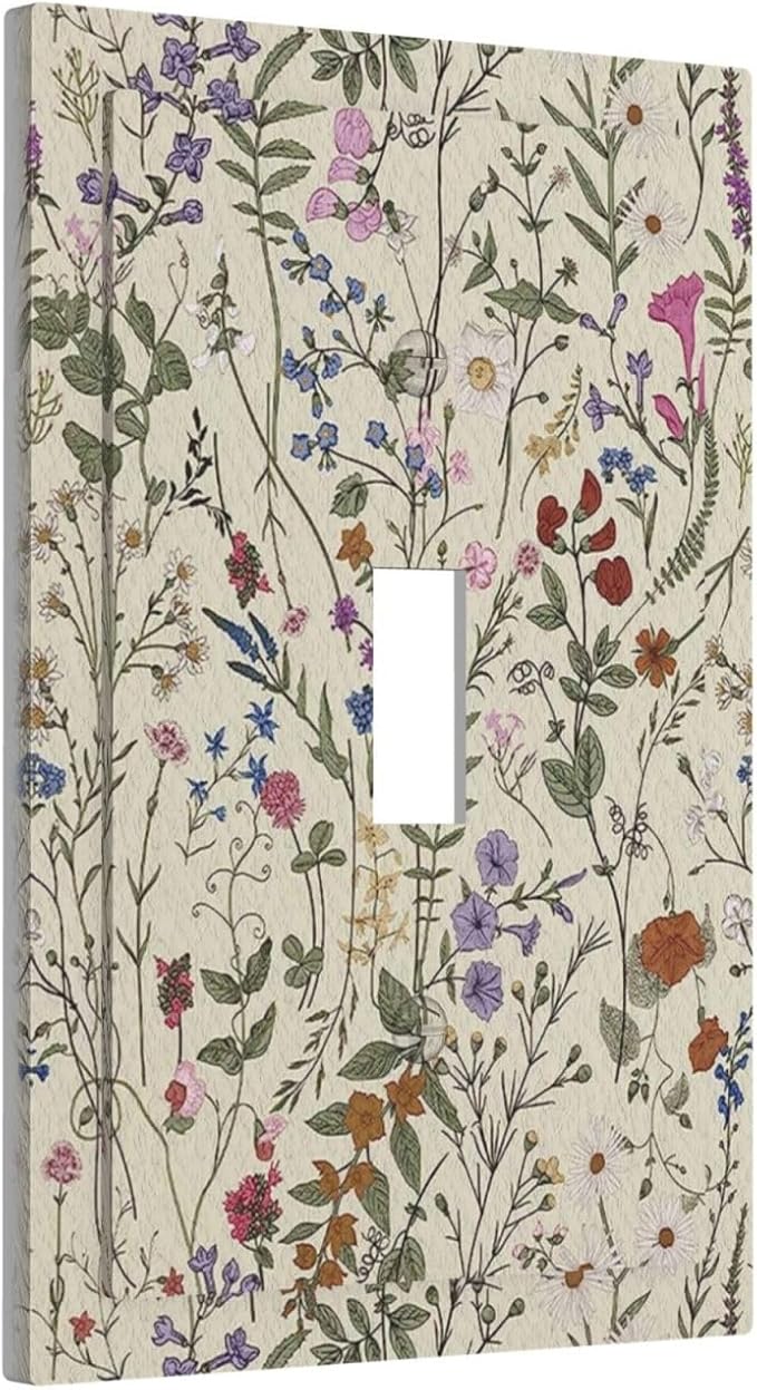 Beige Background Boho Flowers Plant Leaf 1 Gang Light Switch Covers Single Toggle Wall Plate Decorative Switchcover Electrical Switchplate for Country Bathroom Bedroom Decor