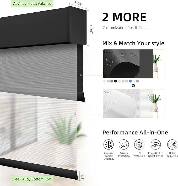 ZSTARR Motorized Day and Night Dual Smart Blind for Window with Valance Rechargeable Motor,Blackout Roller Shade Custom Size,with Valance Suitable for Home,Office (Full Blackout Pure Black)