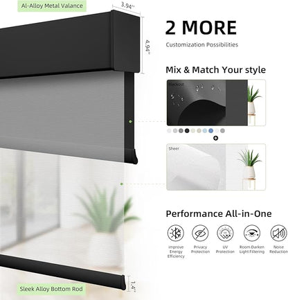 ZSTARR Motorized Day and Night Dual Smart Blind for Window with Valance Rechargeable Motor,Blackout Roller Shade Custom Size,with Valance Suitable for Home,Office (Full Blackout Pure Black)