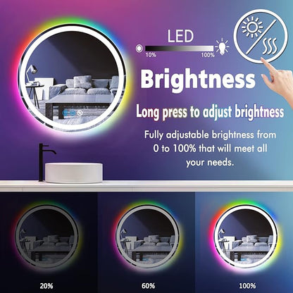 20 inches Round LED Bathroom Mirror, Wall Mounted, Front Lights (3 Colors) & RGB Backlit, Anti-Fog, Smart Light up, Circle Mirror, 20Inch Vanity Mirror, Rainbow