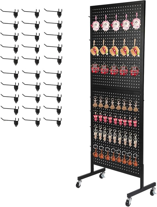 Eastern Tree Metal Pegboard Display Stand 2'x 5'with 30 Hooks, Pegboard Panels Display with Wheels, Peg Board Display Rack, Standing Pegboard Display- Black