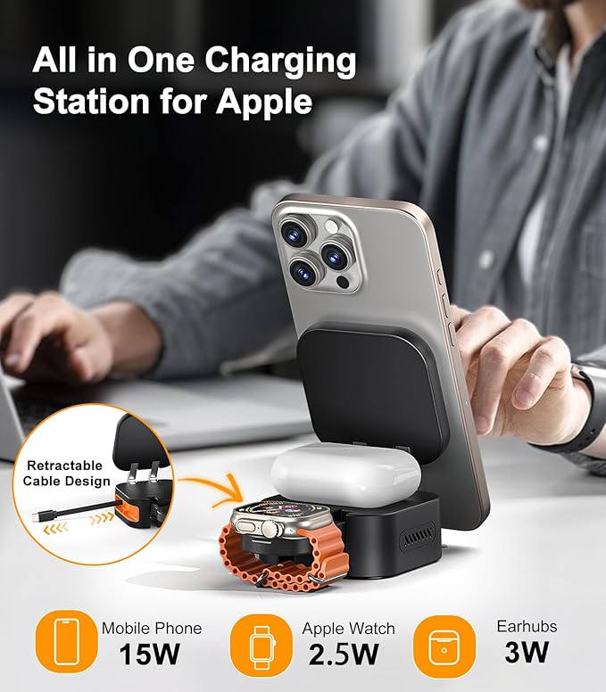 Retractable 3 in 1 Charging Station for Apple [Built in Cable] 22.5W Fast for Magsafe Wireless Charger, Travel Essentials, Magnetic Foldable Stand for iPhone 17 Air Pro Max 16 15 iWatch Airpods