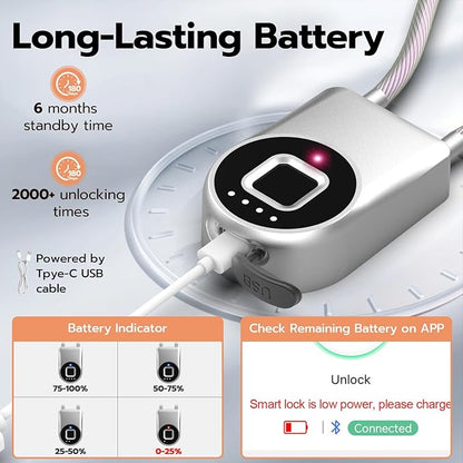 Fingerprint Cable Lock, eLinkSmart Fridge Locks with Bluetooth APP Control, Biometric Smart Padlock for Adults Baby Proof Cabinet Refrigerator French Door Cabinet Gate Locker Bike, 14.9'' Long Silver
