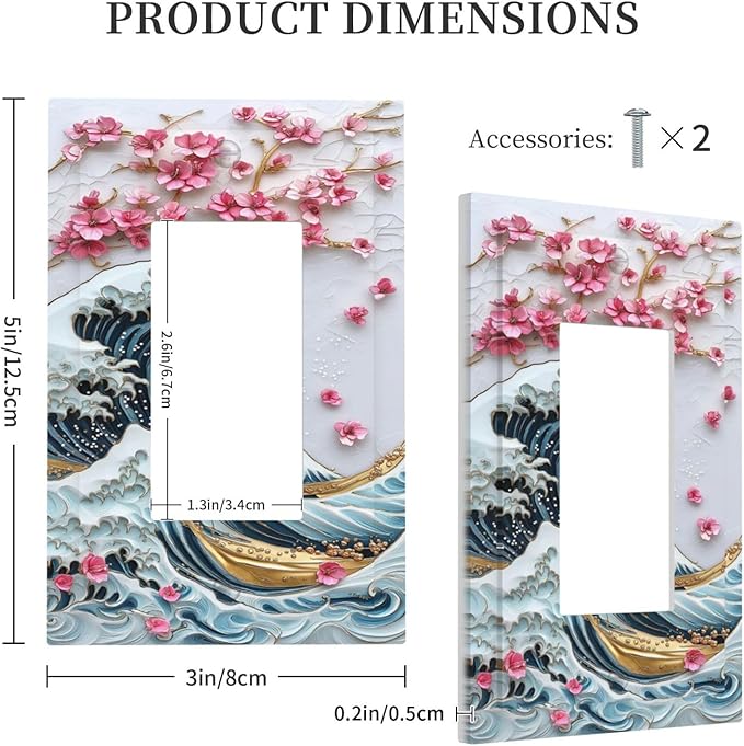 Decorative Outlet Covers The Great Wave Off Kanagawa With Sakura 1 Gang Single Rocker Light Switch Cover Plate Wall Plates GFCI Faceplate for Bedroom Bathroom Decor