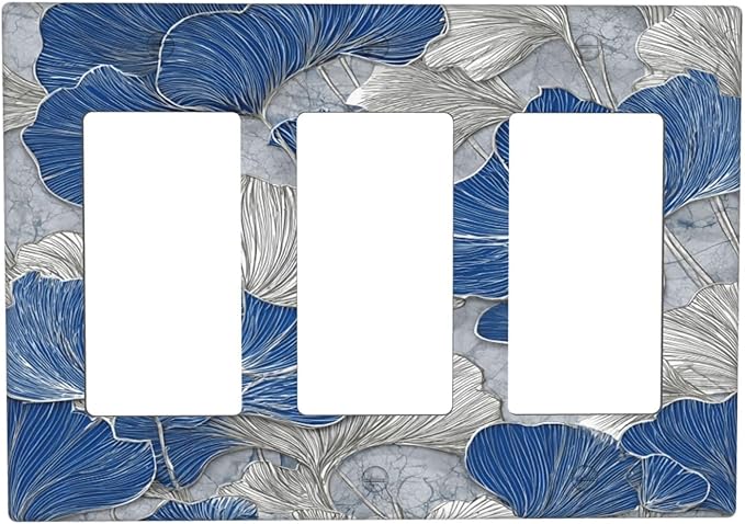 Abstract Blue Marble Plant Leaves 3 Gang Triple Rocker Decorative Light Switch Covers Electrical Faceplate Switch Plates for Bathroom Kitchen Home