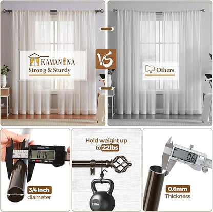 KAMANINA Curtain Rods for Windows 66 to 120 Inch, 3/4 Inch Bronze Curtain Rod 32 to 115 Inches (2.6-9.6ft) Splicing Adjustable Single Drapery Rod with Twisted Cage Finial