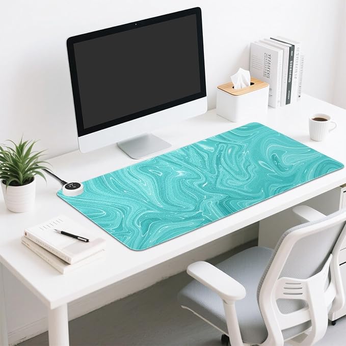 Heated Desk Pad Mouse Pad 31.5x13 Inch PU Leather Desk Mat with 3 Heat Levels Large Mouse Gaming Computer Laptop Mat Teal Fluid
