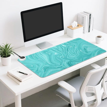 Heated Desk Pad Mouse Pad 31.5x13 Inch PU Leather Desk Mat with 3 Heat Levels Large Mouse Gaming Computer Laptop Mat Teal Fluid