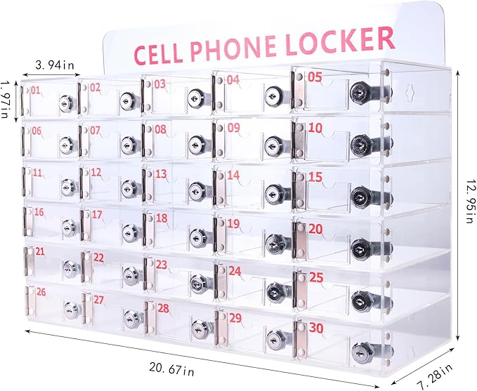 30 Slots Clear Cell Phone Locker,Acrylic Cell Phone Organizer Phones Storage Cabinet Wall Mounted with Door Locks Keys for Factory Office School 12.9X20.6X7.2inch