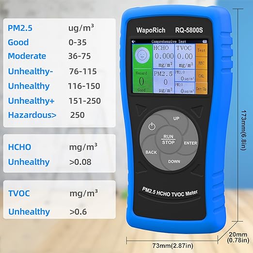 Air Quality Monitor PM2.5/PM10 Particle Counter, Ammonia Gas Detector Formaldehyde Detector Indoor/Outdoor Air Pollution Detection TVOC Volatile Organic Compound Gas USB Rechargeable